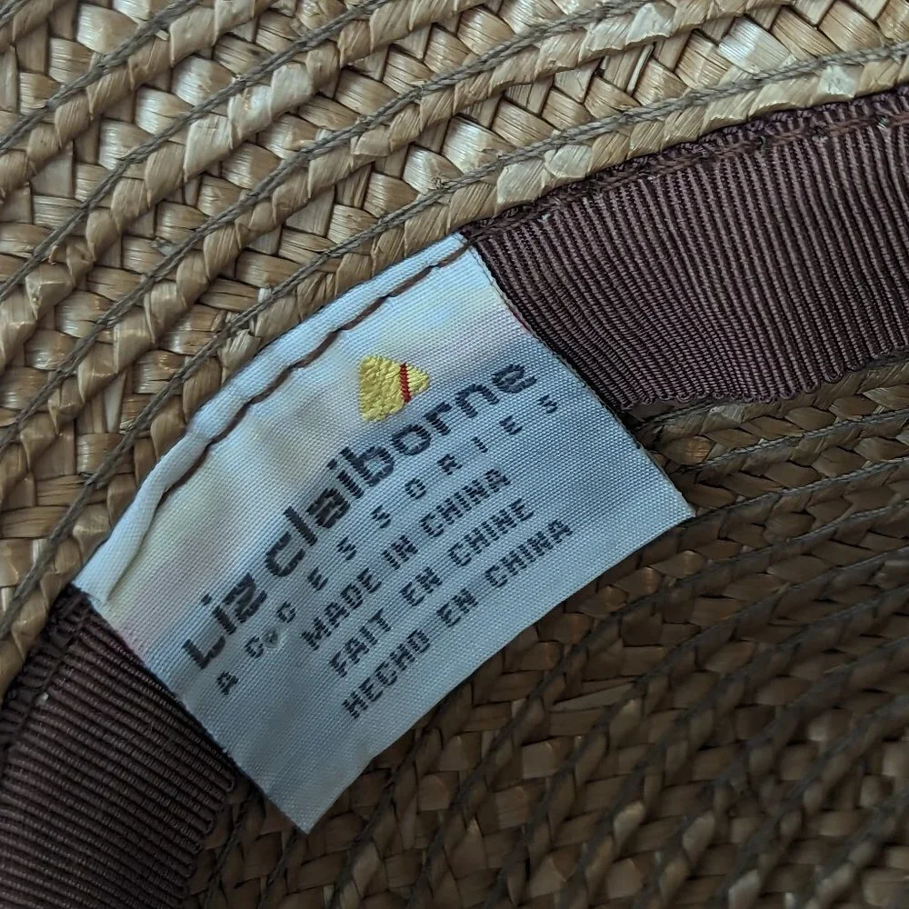 Vintage Liz Claiborne Straw Hat, High Low Brown Fabric Trim‎ Sun Beach - Picture 6 of 9